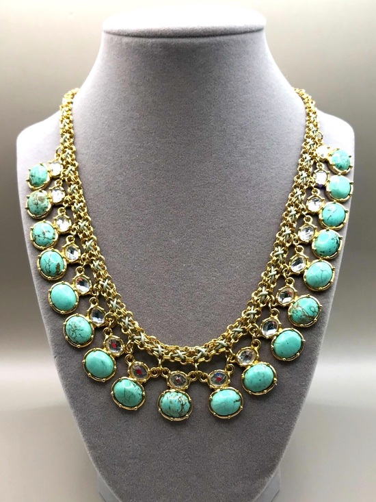 Unsigned Jewelry - Gold-Tone & Faux Turquoise Pendants Necklace